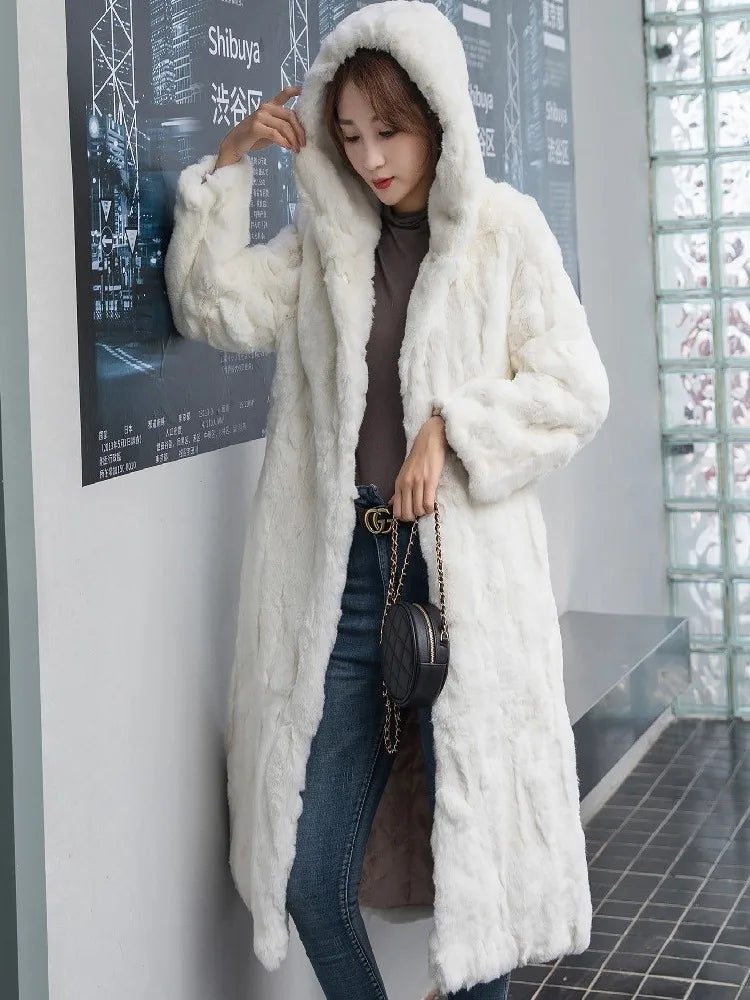 Abrigo Piel Conejo Mujer Capucha - Abrigo Real 110cm Largo Invierno