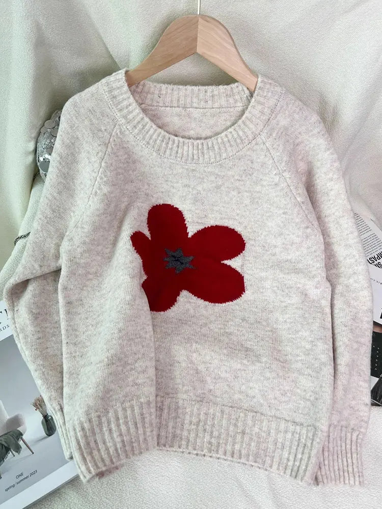 Jersey Mujer Invierno Flores Gris - Punto Holgado Cálido Vintage