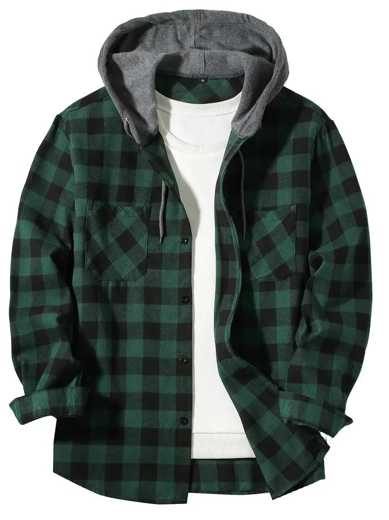 Camisa Hombre Franela Cuadros Capucha - Primavera Otoño Clásica Casual Botones Manga Larga Doble Bolsillos Hoodie Unisex