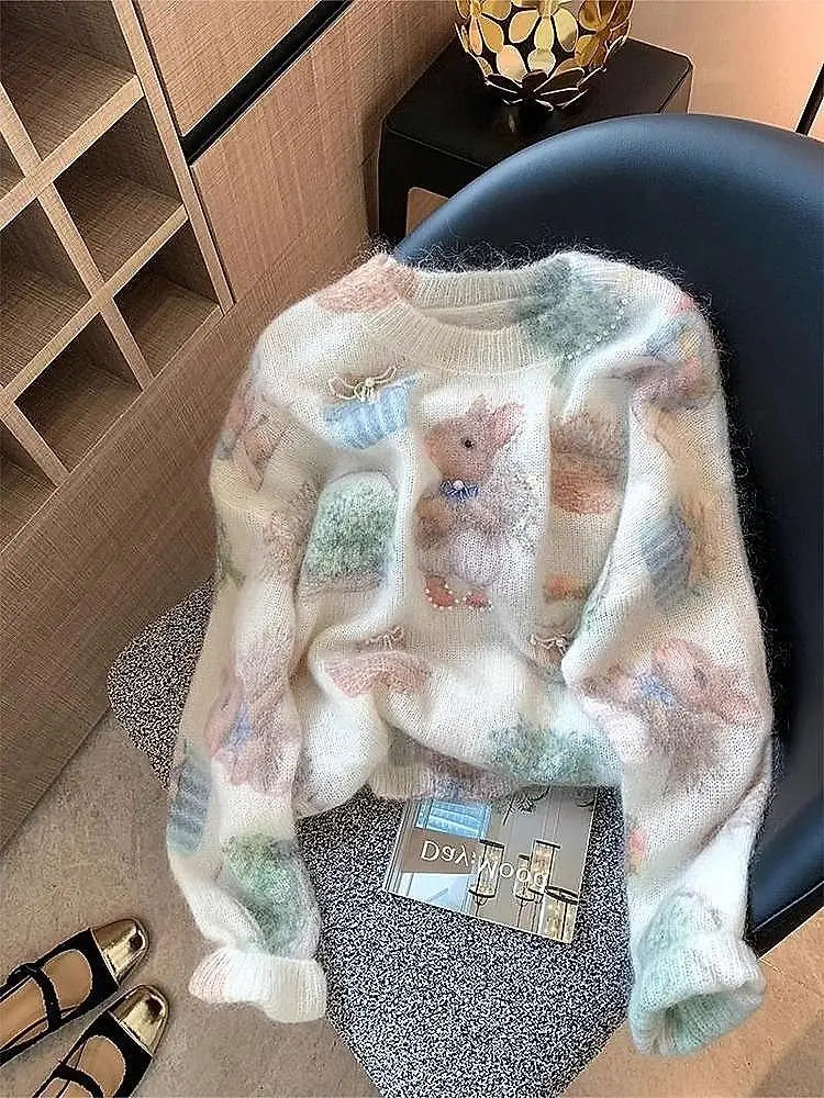 Jersey Mujer Otoño Invierno Estilo Suave - Holgado Versátil Estampado Perlas