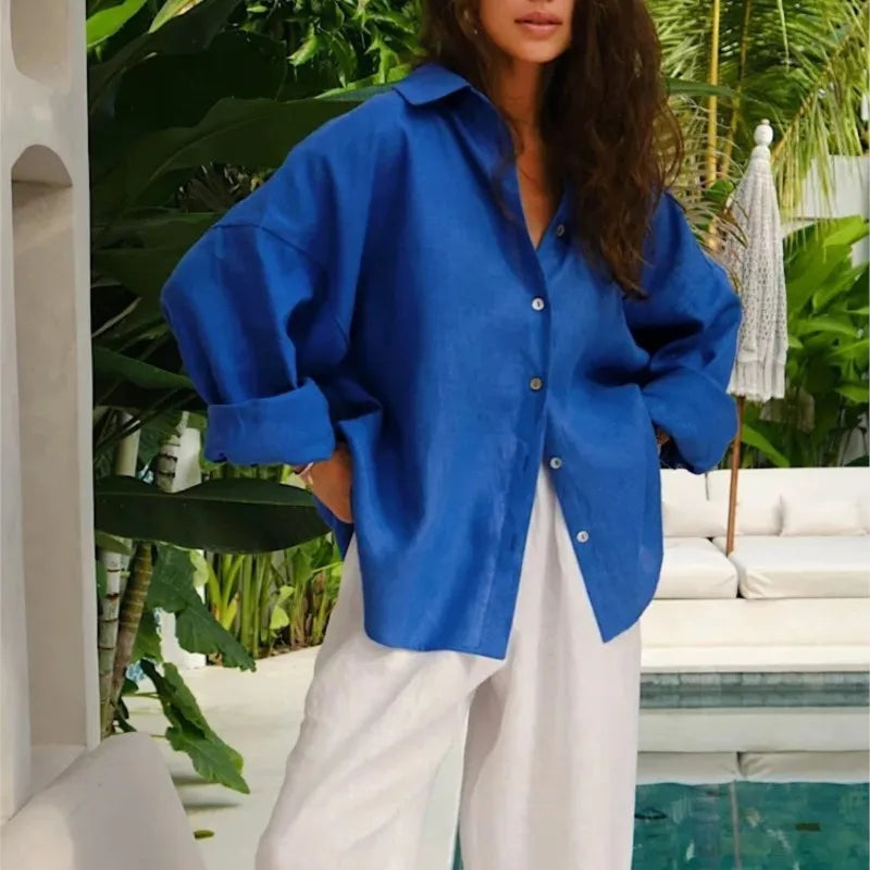 Camisa Mujer Verano Oficina - Blusa Manga Larga Solapa Elegante