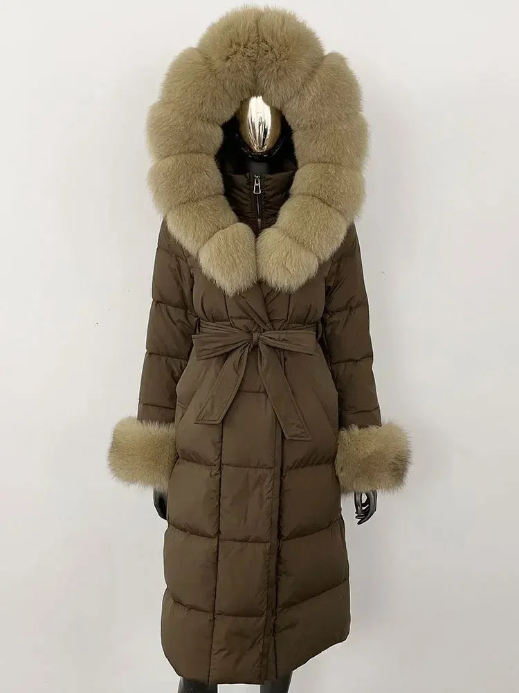 Abrigo Mujer Plumas Pato Piel Mapache - Chaqueta Larga Invierno Lujo
