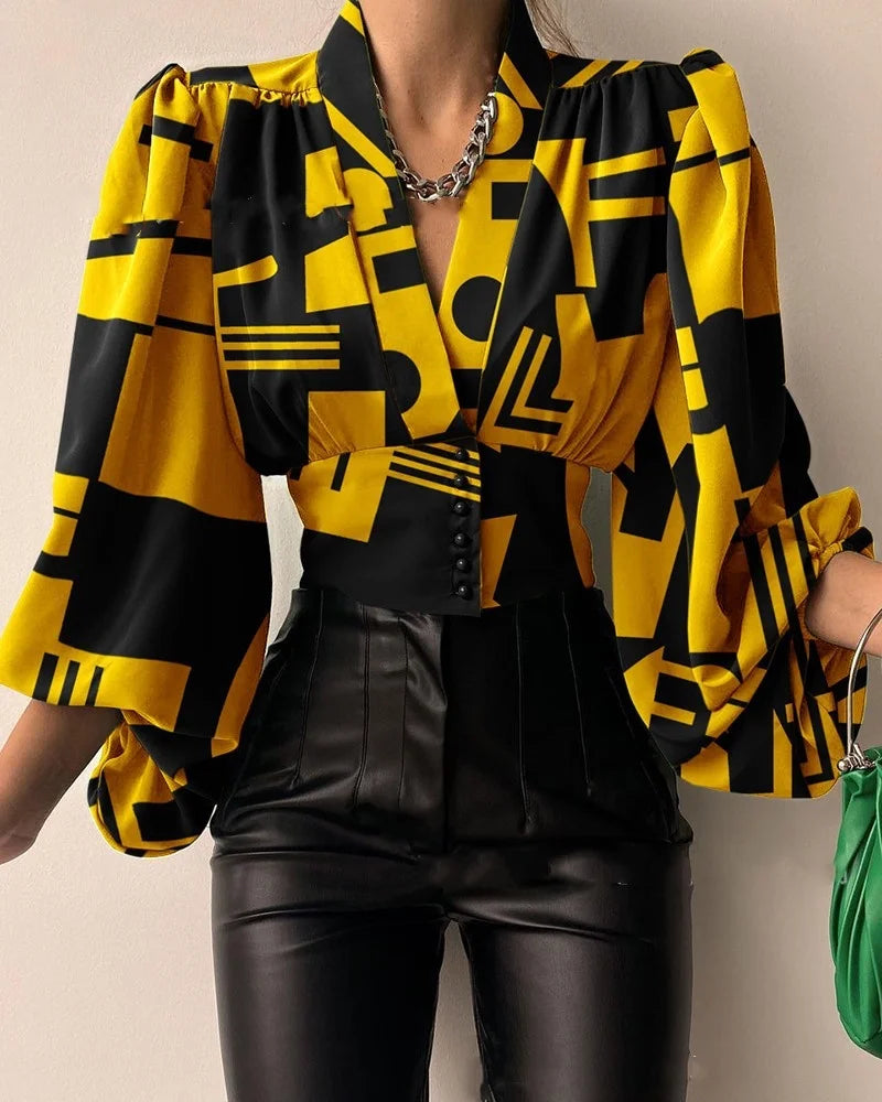 Blusa Mujer Irregular Cuello V - Top Manga Farol Otoño