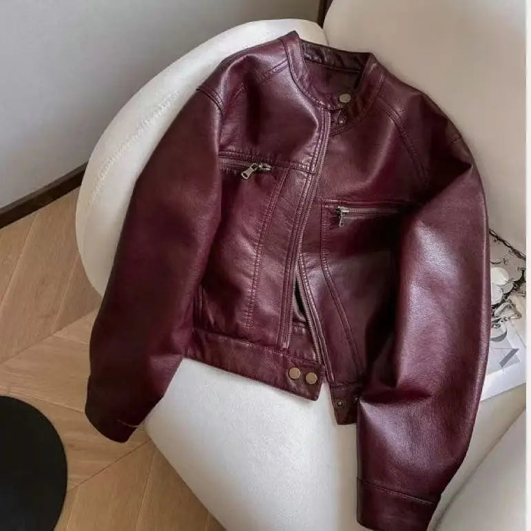 Chaqueta Cuero Mujer Primavera Otoño - Estilo Motociclista Retro