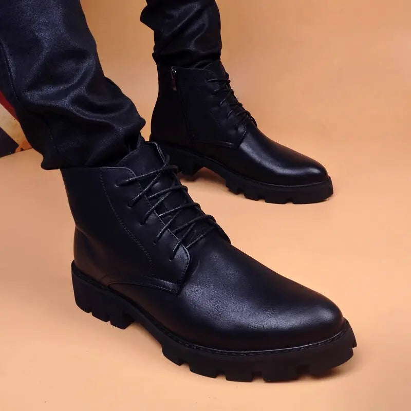Botas Hombre Cuero Natural Negras - Casual Otoño Invierno Cowboy Platform Business Oficina Tobillo