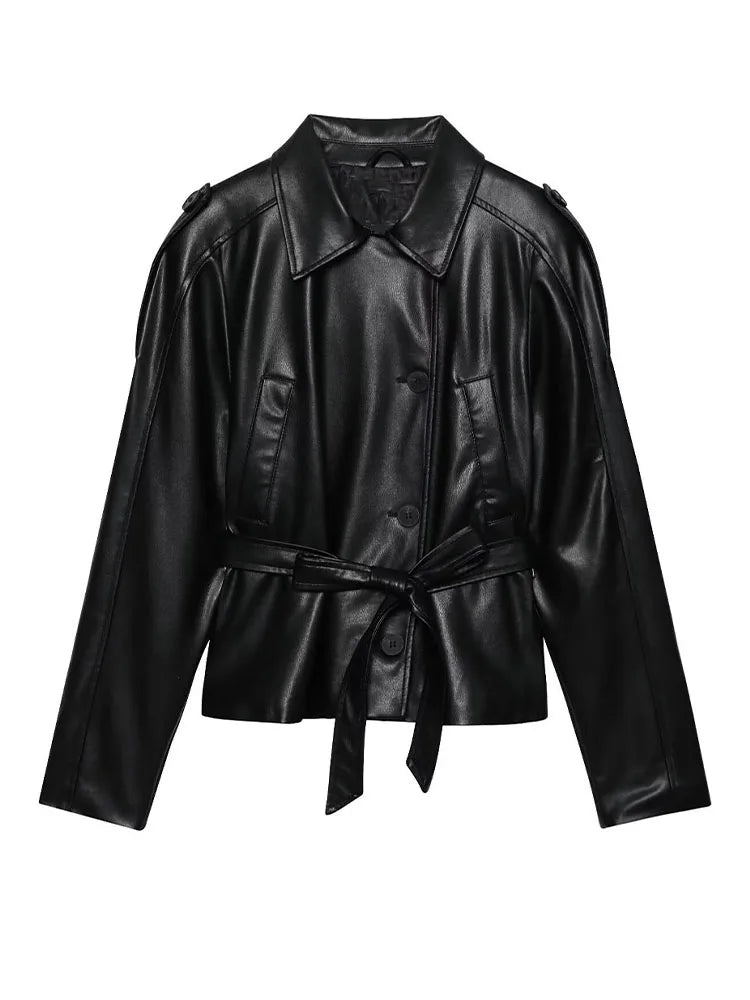 Chaqueta Cuero Mujer Imitación - Chaqueta Retro Cinturón Joker 2025