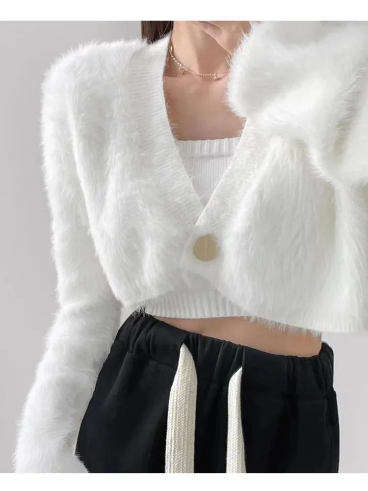 Cárdigan Mujer Corto Cuello V Punto - Sexy Crop Manga Larga Otoño Invierno