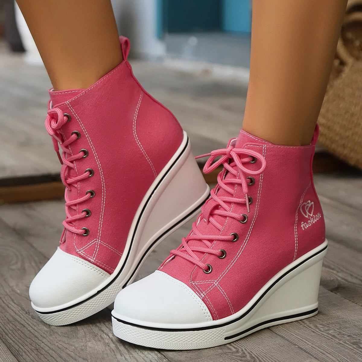 Sneakers High Top Mujer 2024 - Zapatillas Cuña Plataforma Canvas Aumenta Altura