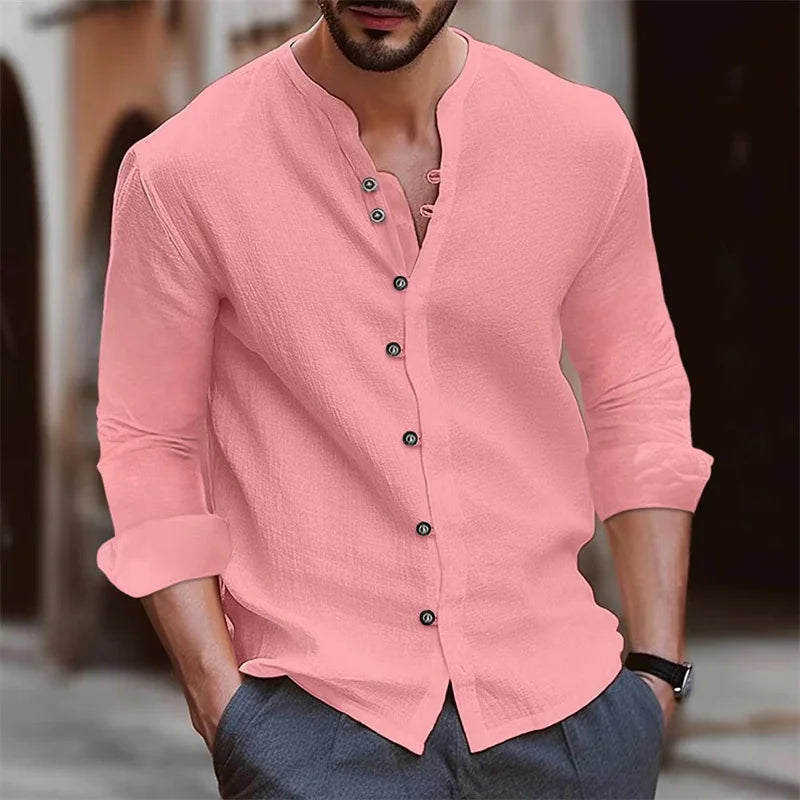 Camisa Hombre Cuello Mao - Slim Fit Color Sólido Casual Outdoor
