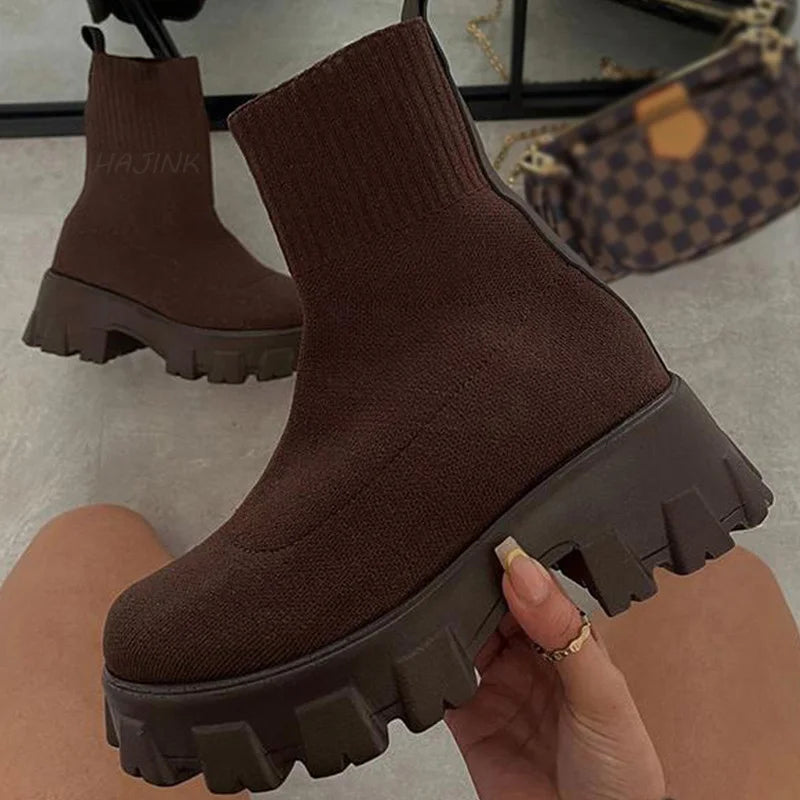 Botas Cortas Mujer Punto Plataforma - Tacón Otoño Invierno Blancas