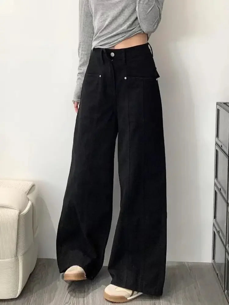 Vaqueros Mujer Pierna Ancha Negro Invierno - Jeans High Street Largos