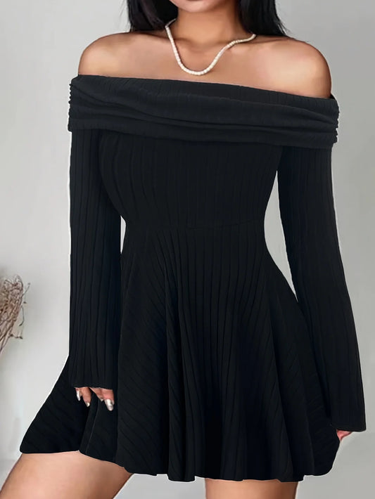 Vestido Mujer Punto Negro Tallas Grandes 2025 - Hombros Descubiertos Sexy