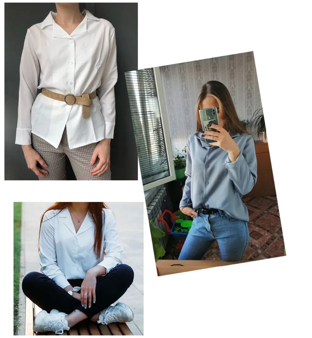 Blusa Blanca Mujer Oficina - Camisa Básica Manga Larga 2024