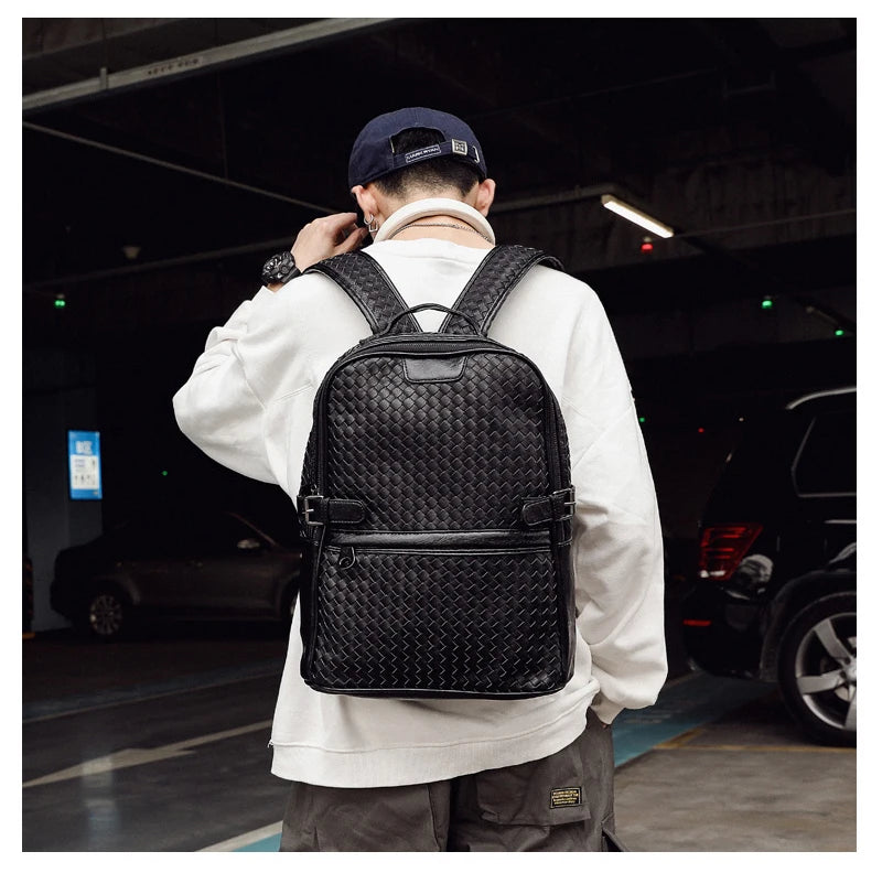 Mochila Vintage Cuero Cordero Tejida - Casual Portátil Unisex Viaje Suave