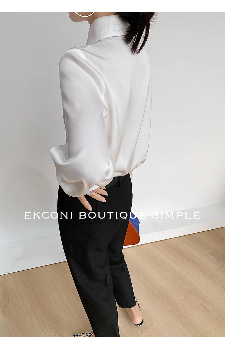 Camisa Satén Seda Mujer Vintage - Blusa Blanca Manga Larga Elegante