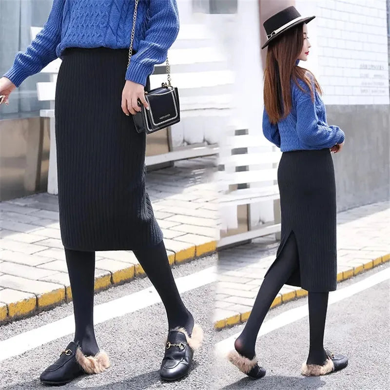 Falda Oficina Mujer Invierno - Falda Punto Lápiz Cintura Alta Negra Cálida