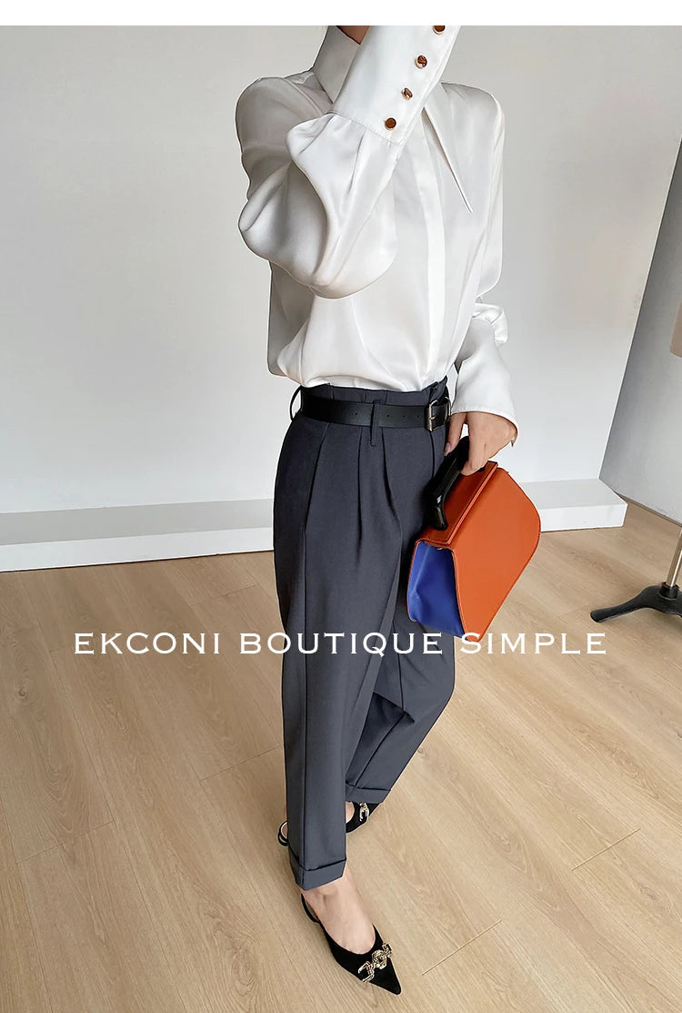 Camisa Satén Seda Mujer Vintage - Blusa Blanca Manga Larga Elegante