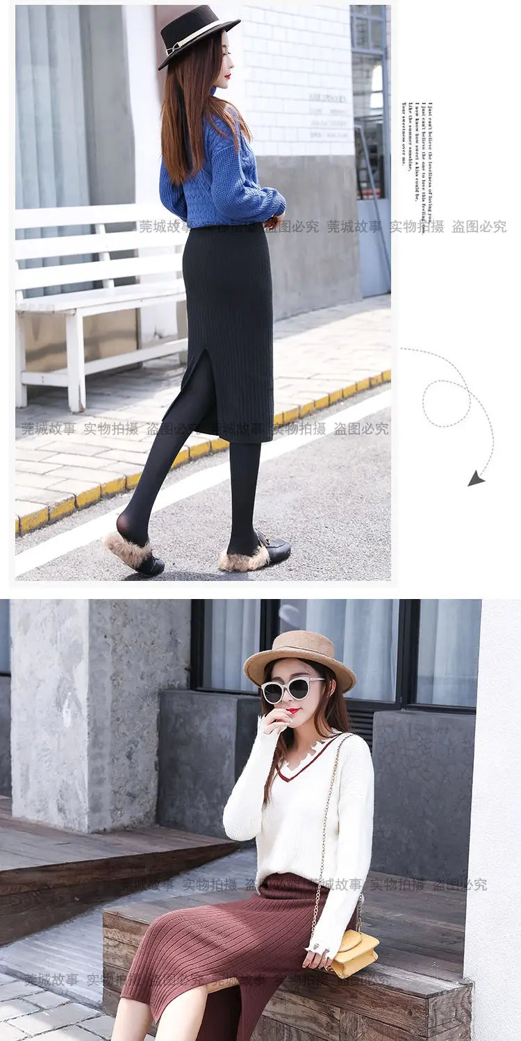 Falda Oficina Mujer Invierno - Falda Punto Lápiz Cintura Alta Negra Cálida