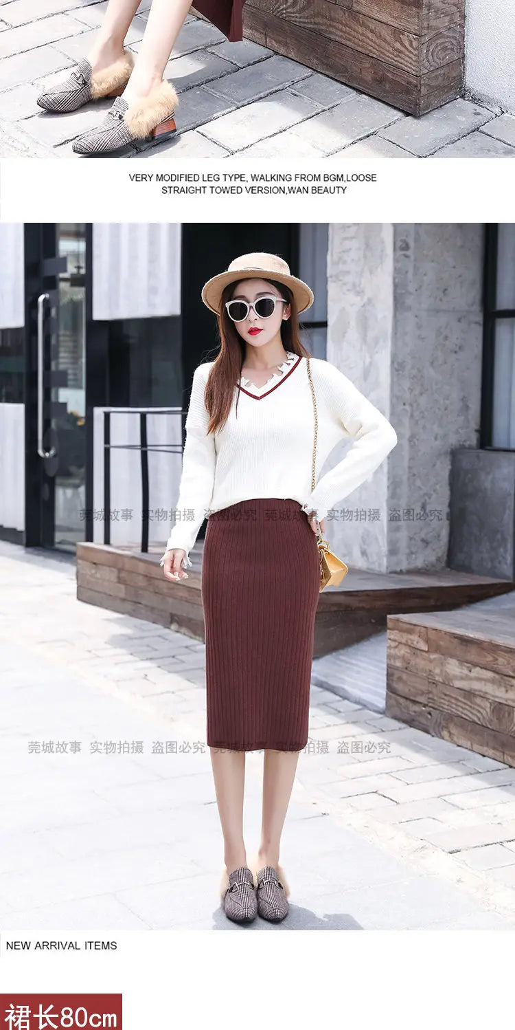 Falda Oficina Mujer Invierno - Falda Punto Lápiz Cintura Alta Negra Cálida