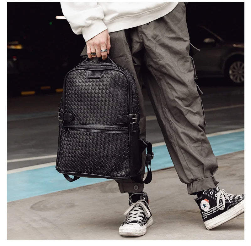 Mochila Vintage Cuero Cordero Tejida - Casual Portátil Unisex Viaje Suave