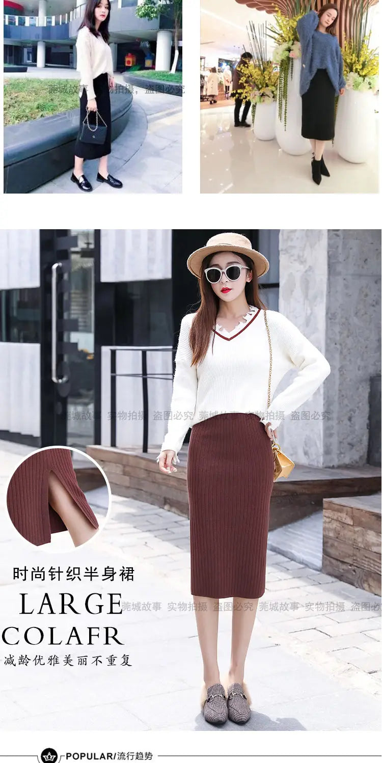 Falda Oficina Mujer Invierno - Falda Punto Lápiz Cintura Alta Negra Cálida