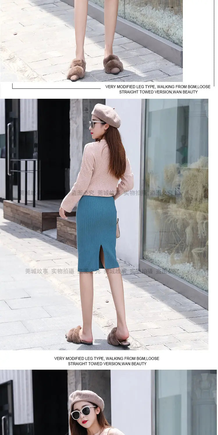 Falda Oficina Mujer Invierno - Falda Punto Lápiz Cintura Alta Negra Cálida