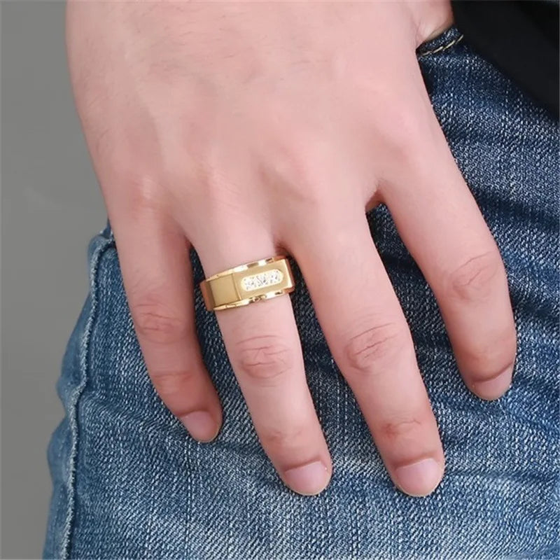 Anillo Hombre Lujo Oro Circonita - Elegante Fiesta Regalo