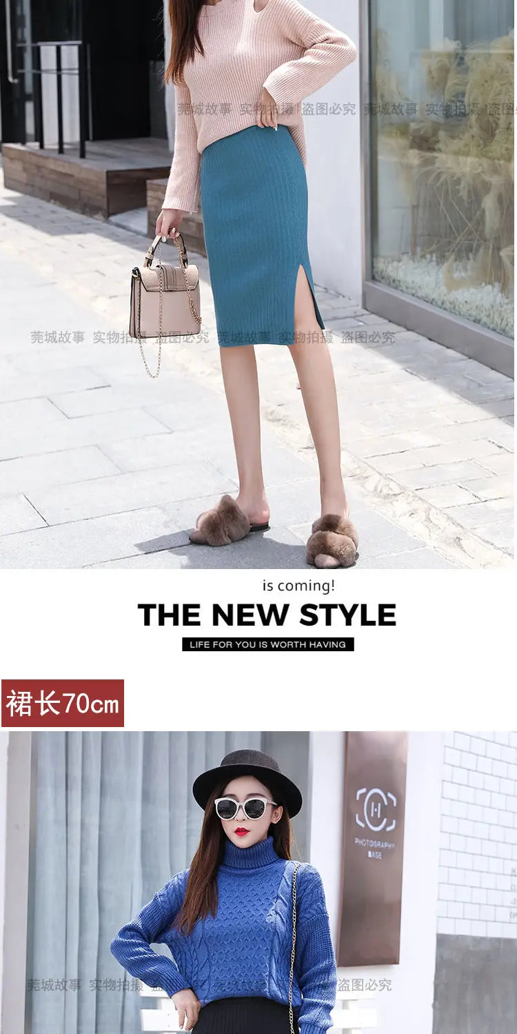 Falda Oficina Mujer Invierno - Falda Punto Lápiz Cintura Alta Negra Cálida