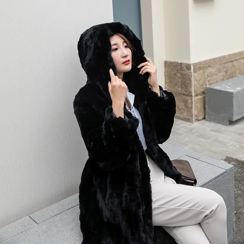 Abrigo Piel Conejo Mujer Capucha - Abrigo Real 110cm Largo Invierno