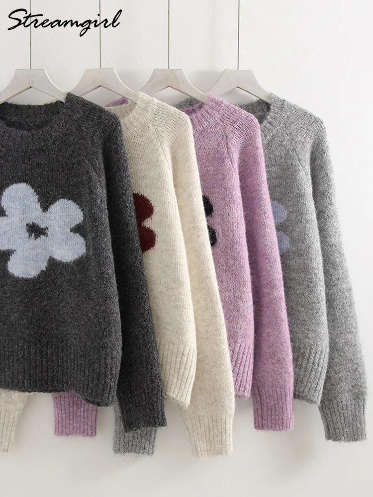 Jersey Mujer Invierno Flores Gris - Punto Holgado Cálido Vintage