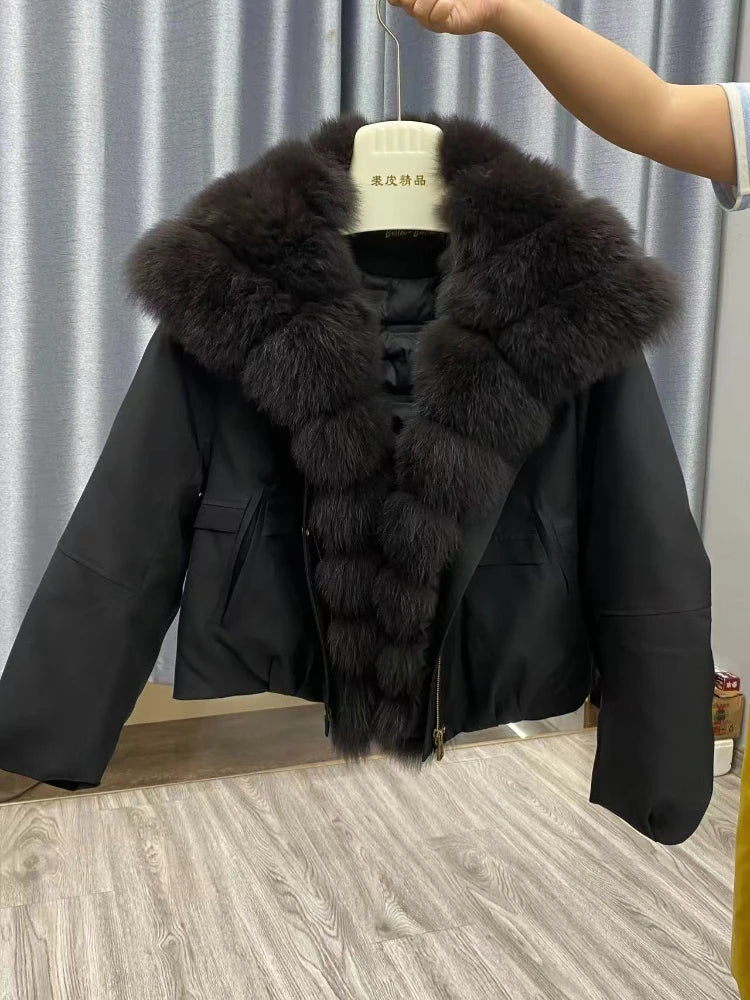 Abrigo Mujer Plumas Ganso Piel Zorro - Chaqueta Invierno Impermeable