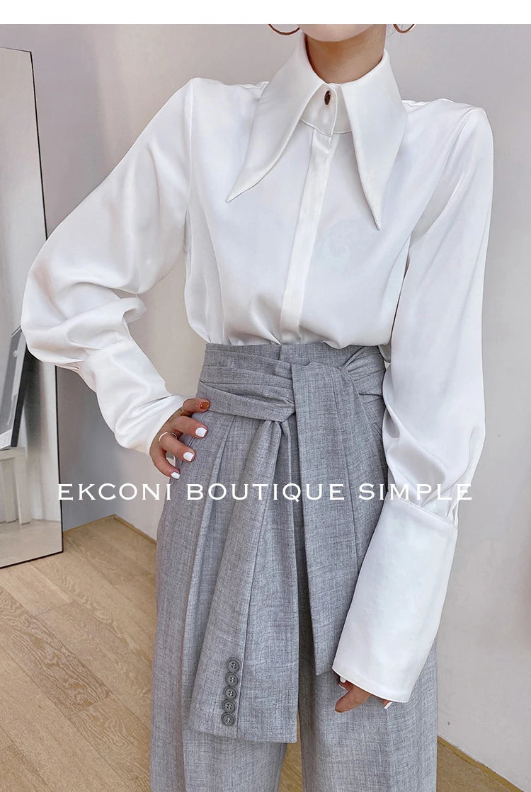 Camisa Satén Seda Mujer Vintage - Blusa Blanca Manga Larga Elegante