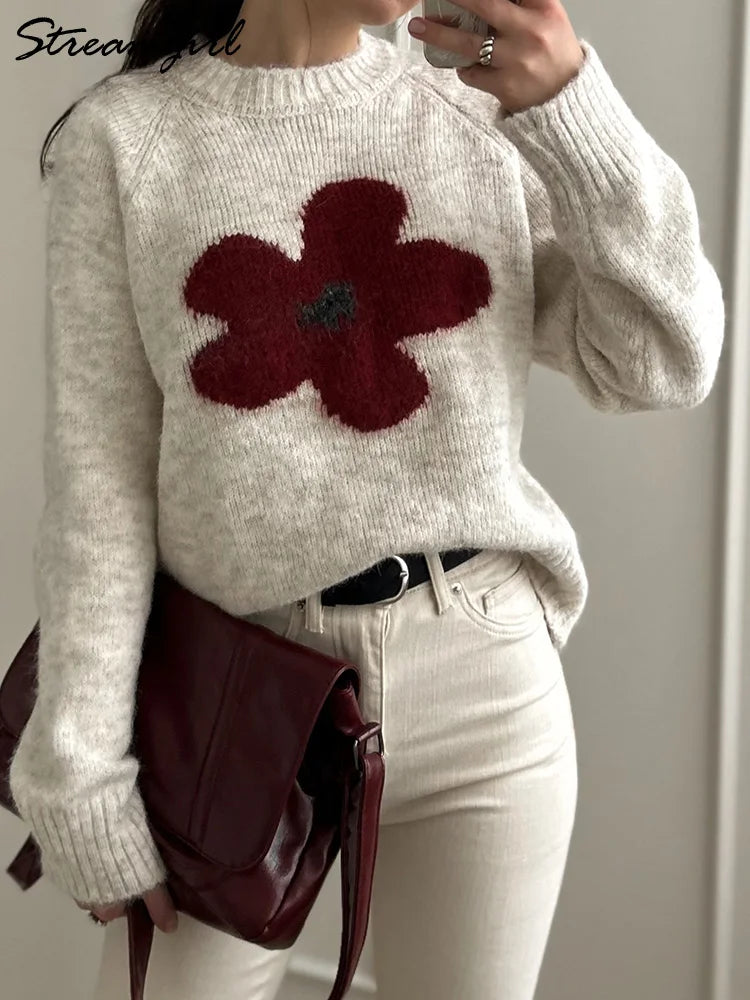 Jersey Mujer Invierno Flores Gris - Punto Holgado Cálido Vintage