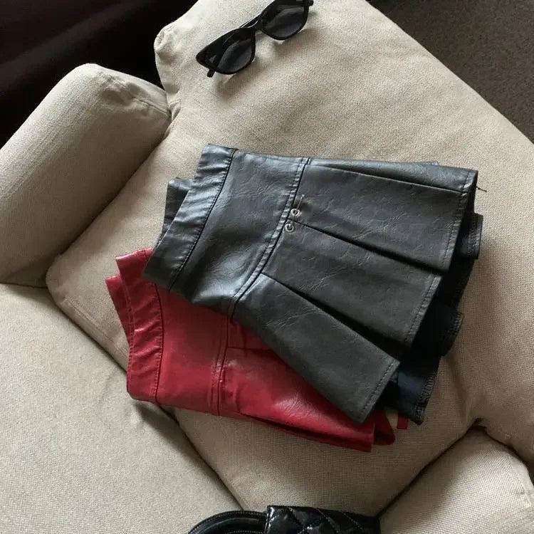 Falda Piel Plisada Mujer Mini - Falda Cuero PU Cintura Alta Roja Negra