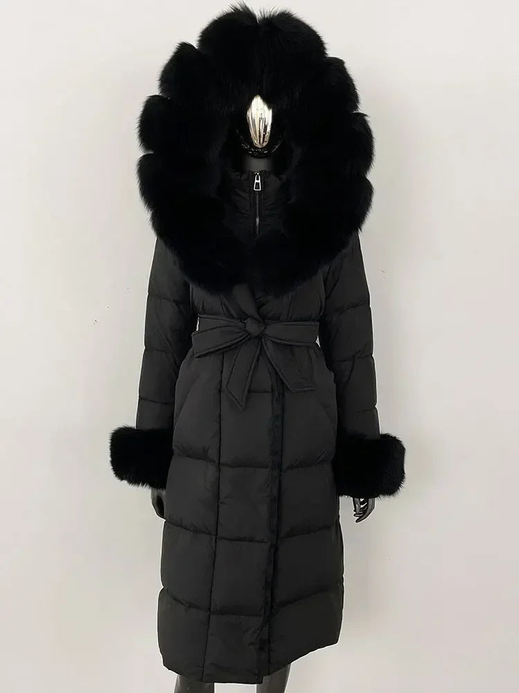 Abrigo Mujer Plumas Pato Piel Mapache - Chaqueta Larga Invierno Lujo