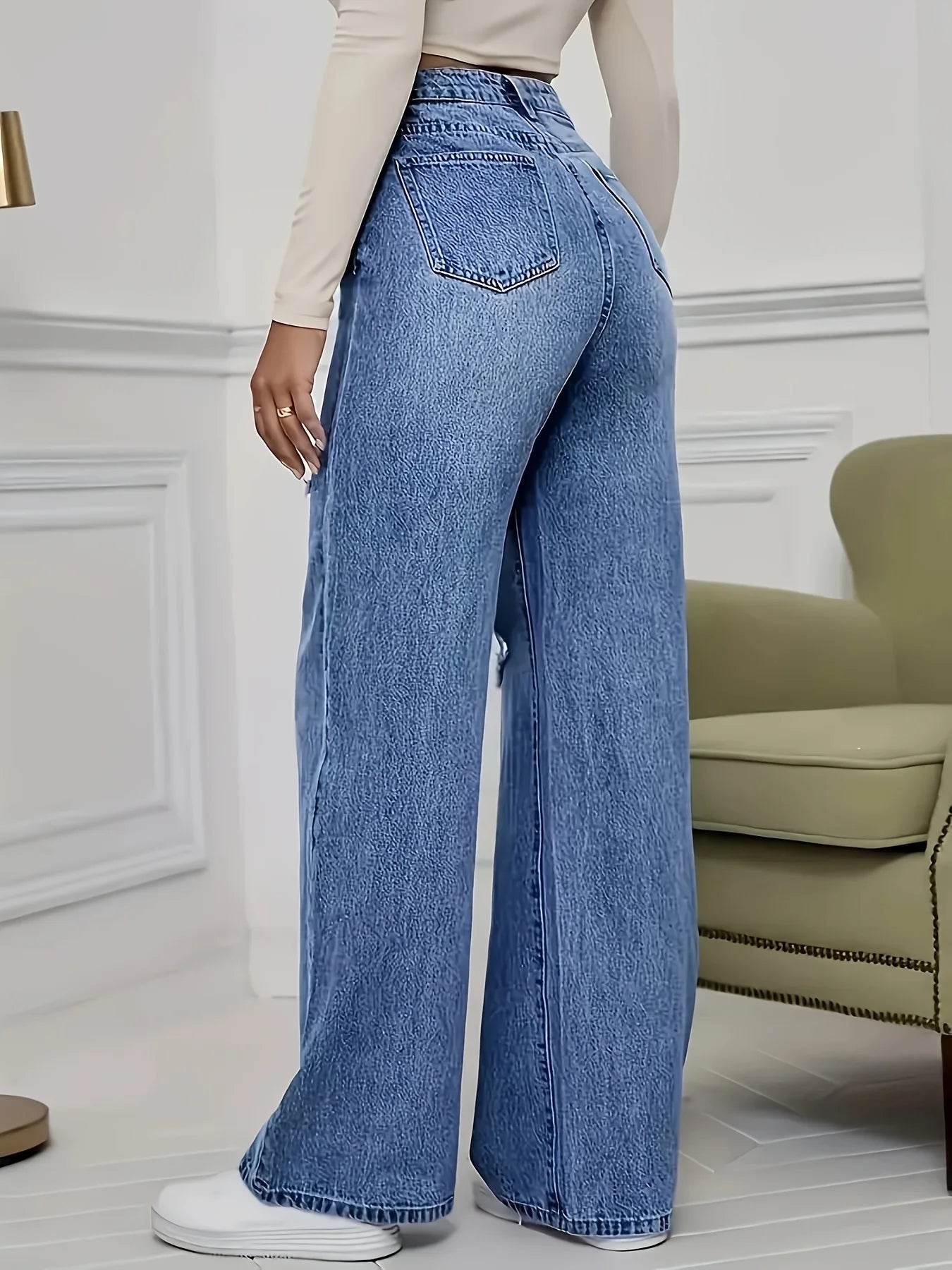 Vaqueros Mujer Pierna Recta Rotos - Jeans Cintura Alta Casual