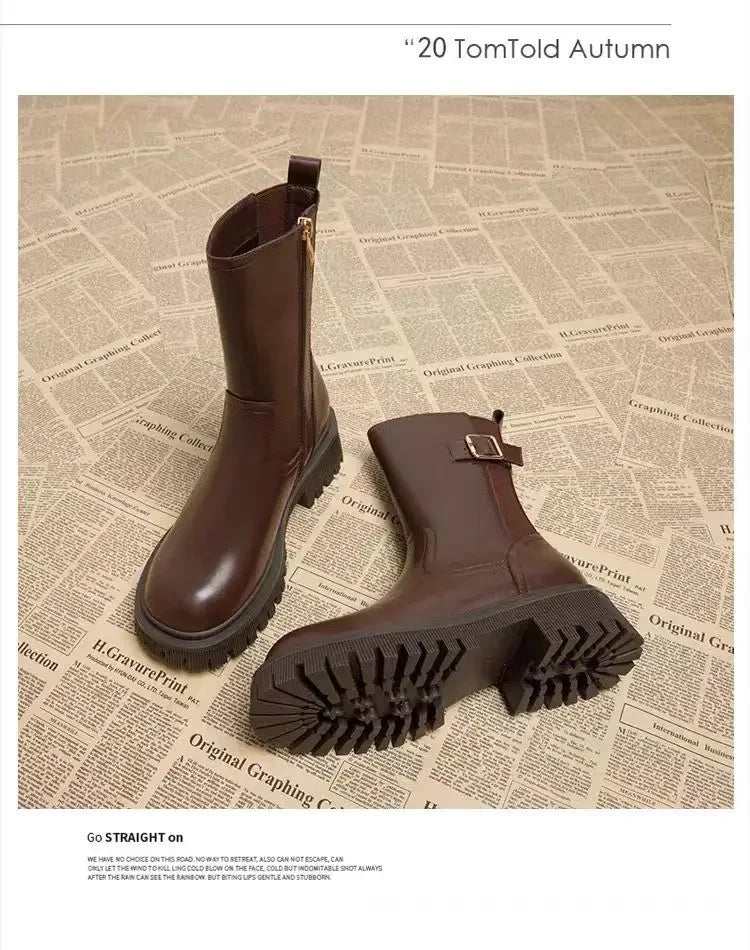 Botines Mujer 2025 Suela Gruesa - Color Sólido Punta Redonda Casual