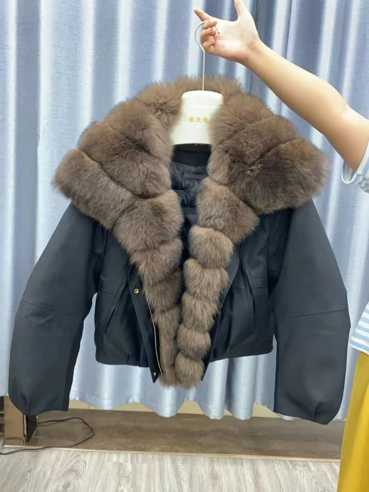 Abrigo Mujer Plumas Ganso Piel Zorro - Chaqueta Invierno Impermeable