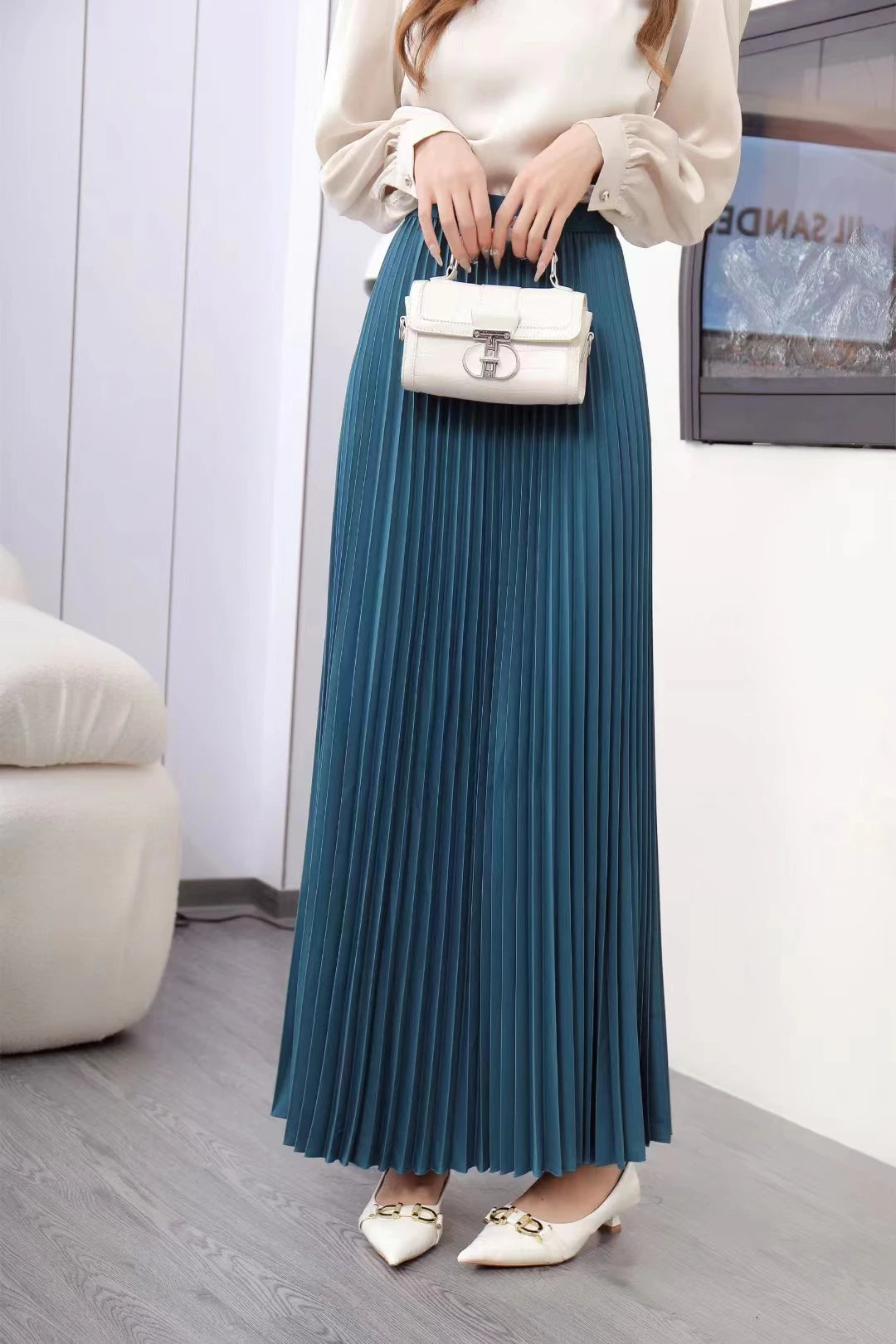 Falda Plisada Mujer Elegante 2024 - Falda Midi Cintura Alta Negra