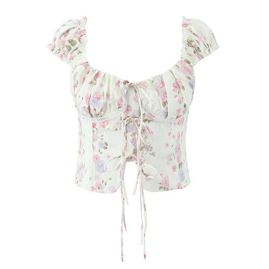 Top Crop Mujer Francés Floral - Top Cordones Cuello V Manga Corta Verano