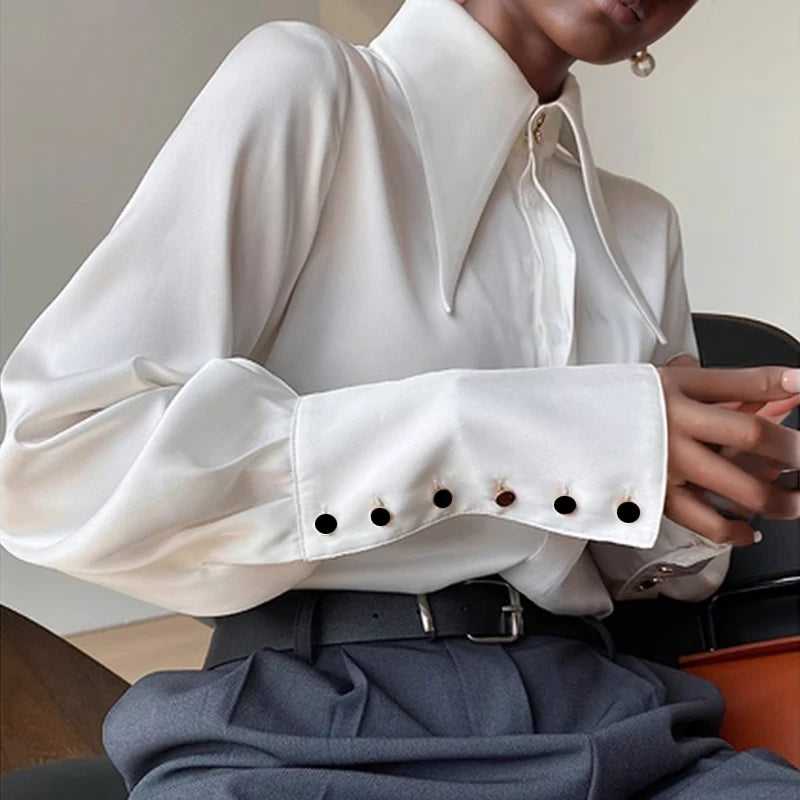 Camisa Satén Seda Mujer Vintage - Blusa Blanca Manga Larga Elegante