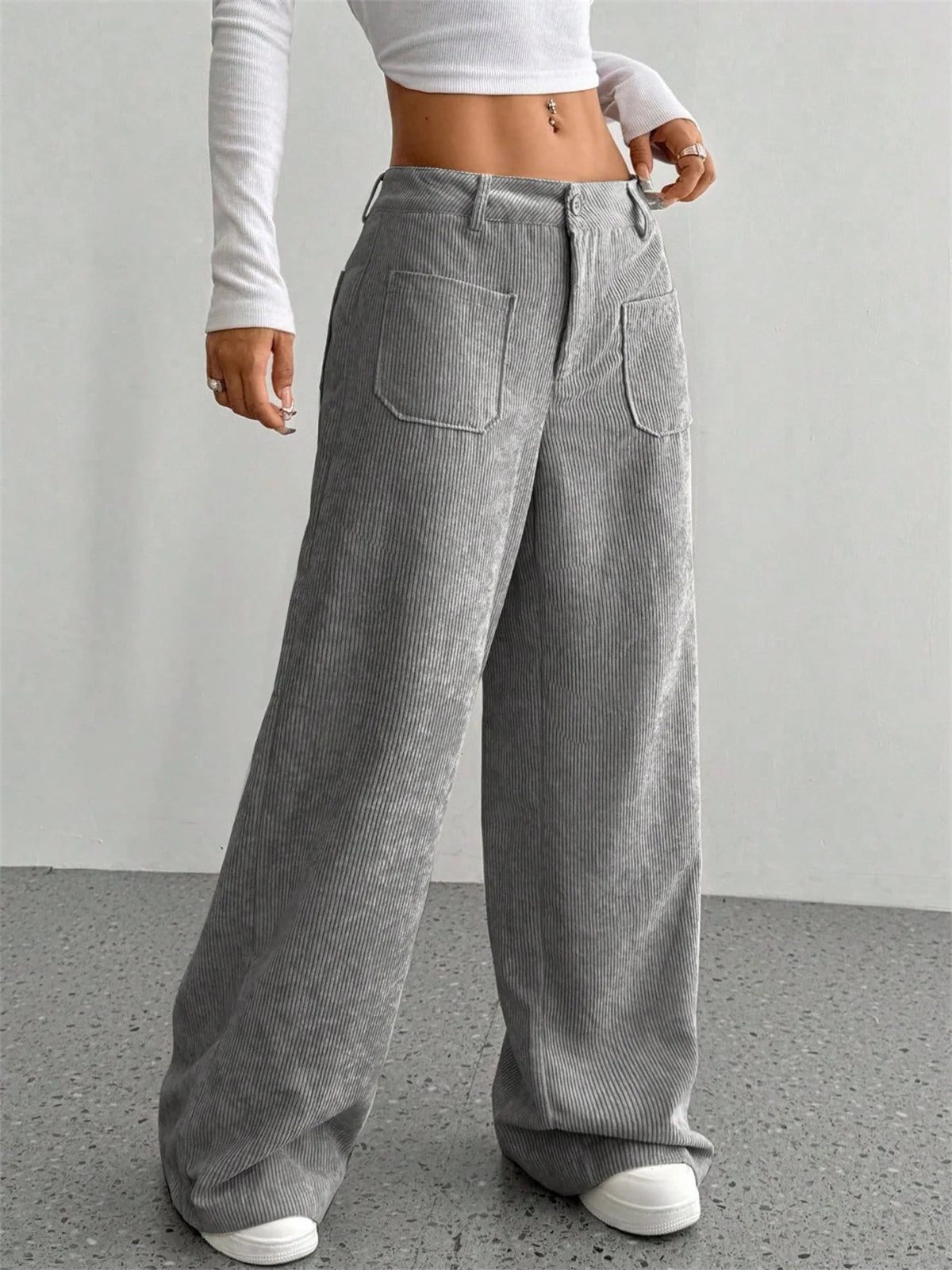 Pantalón Pana Mujer Pierna Ancha - Pantalón Cintura Alta Otoño