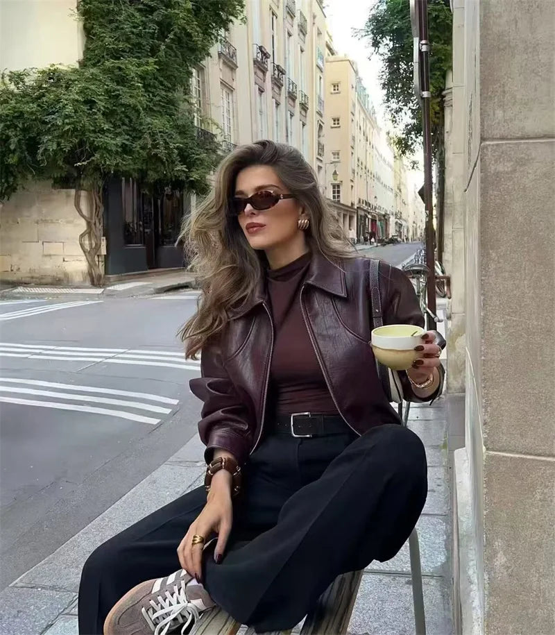 Chaqueta Cuero Mujer Burgundy - Chaqueta Retro Americana 2025