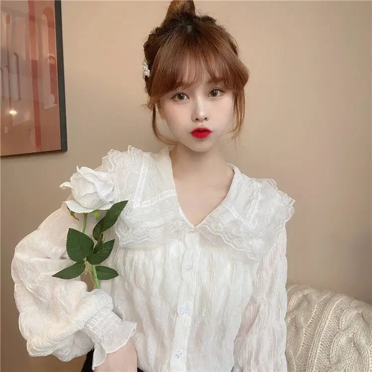 Camisa Cuello Peter Pan Mujer Coreana - Blusa Manga Larga Kawaii Primavera