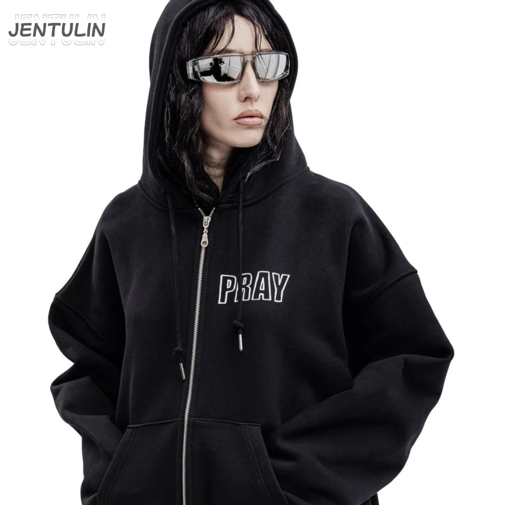 Sudadera Zip Up Hip Hop Unisex - Hoodie Pray Graphic Oversized Y2K