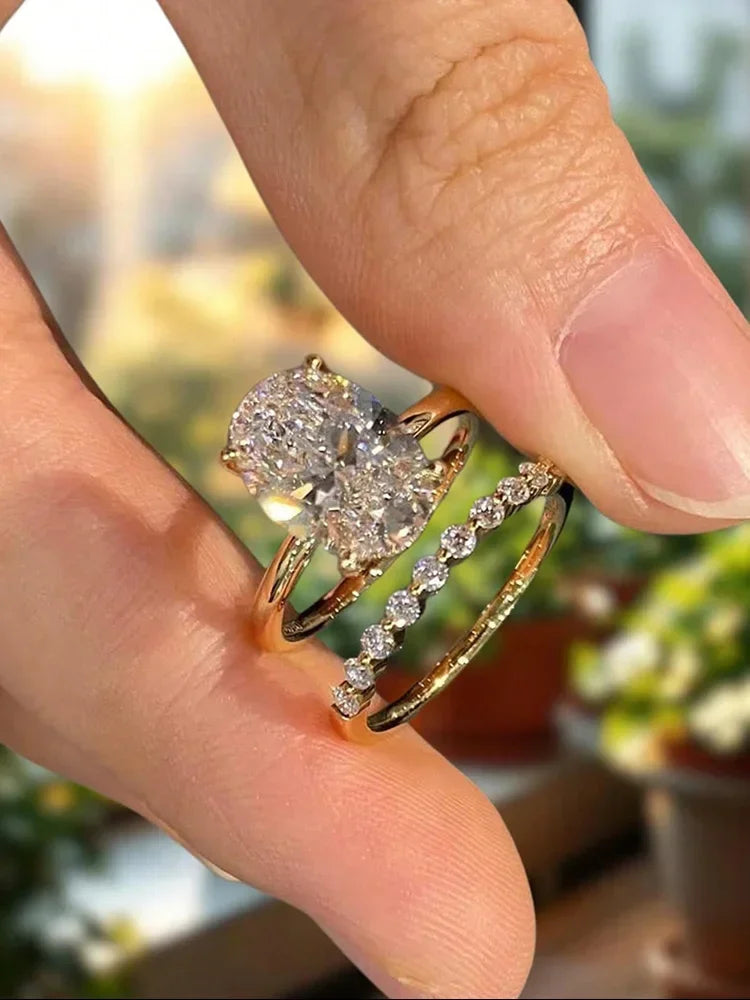 Anillo Plata 925 Oval Circonita - Set Apilable Boda Lujo Mujer