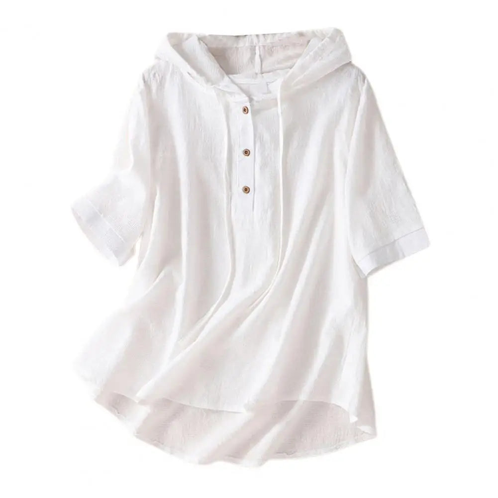 Blusa Algodón Lino Mujer Capucha - Camisa Manga Corta Verano
