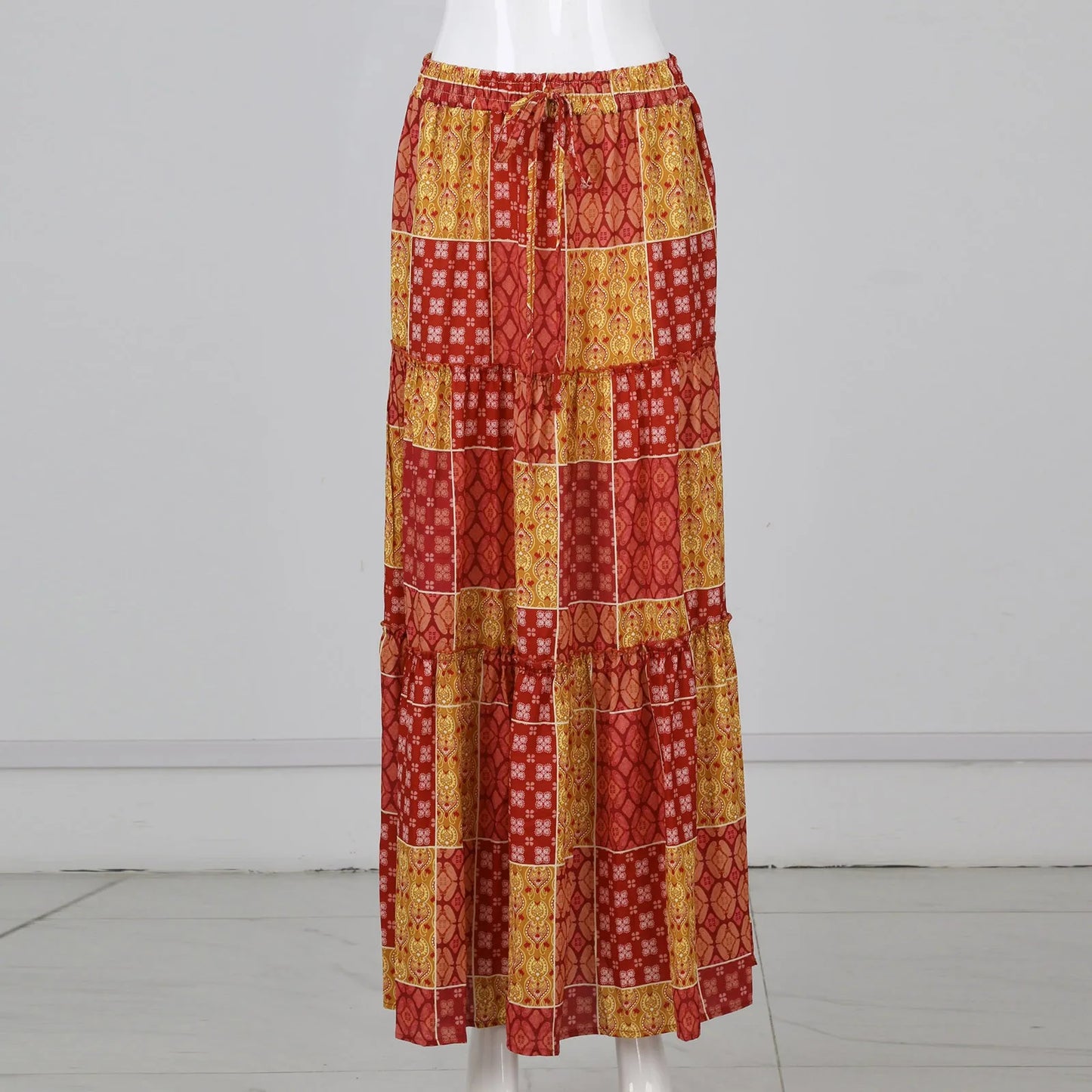 Falda Bohemia Mujer Larga Estampada - Falda Cintura Elástica Bolsillos Primavera