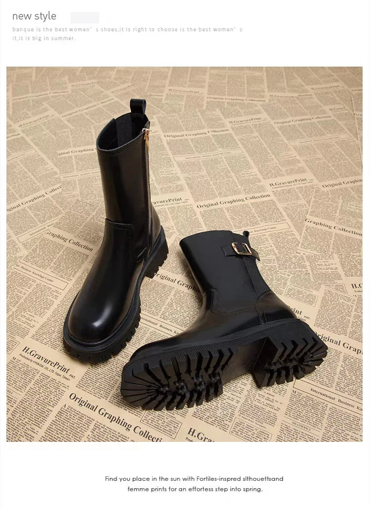 Botines Mujer 2025 Suela Gruesa - Color Sólido Punta Redonda Casual