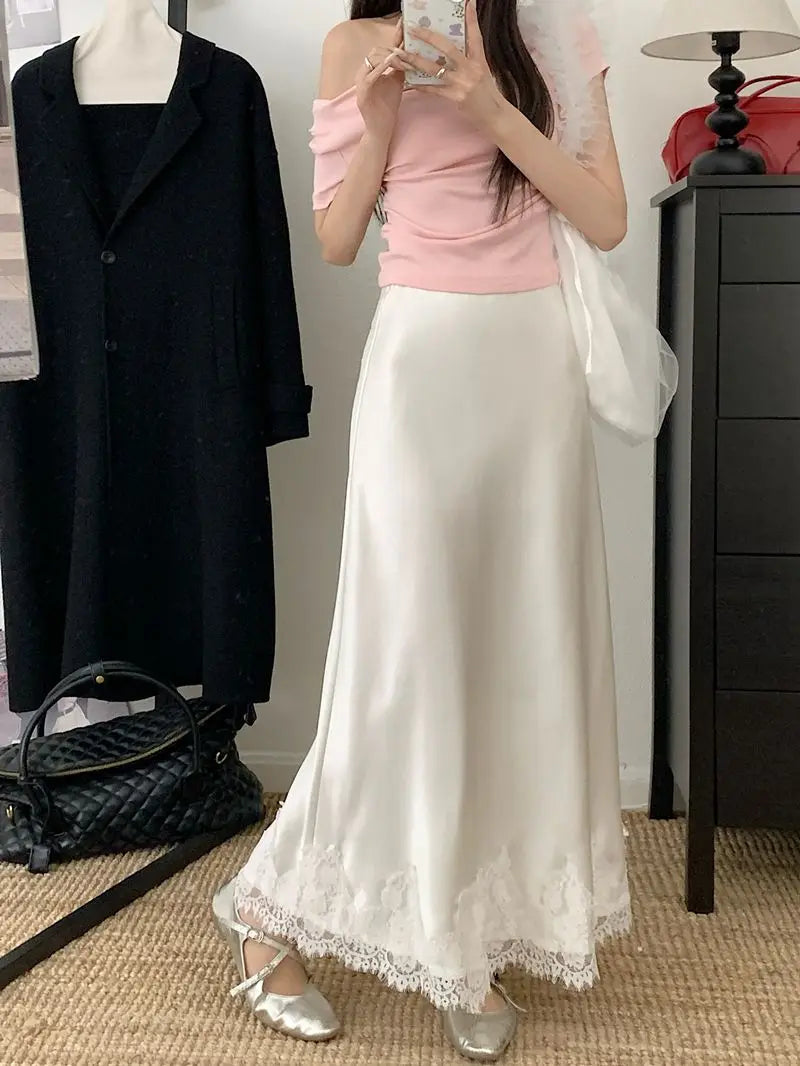 Falda Satén Mujer Larga Elegante - Falda Línea A Encaje Cintura Alta Verano